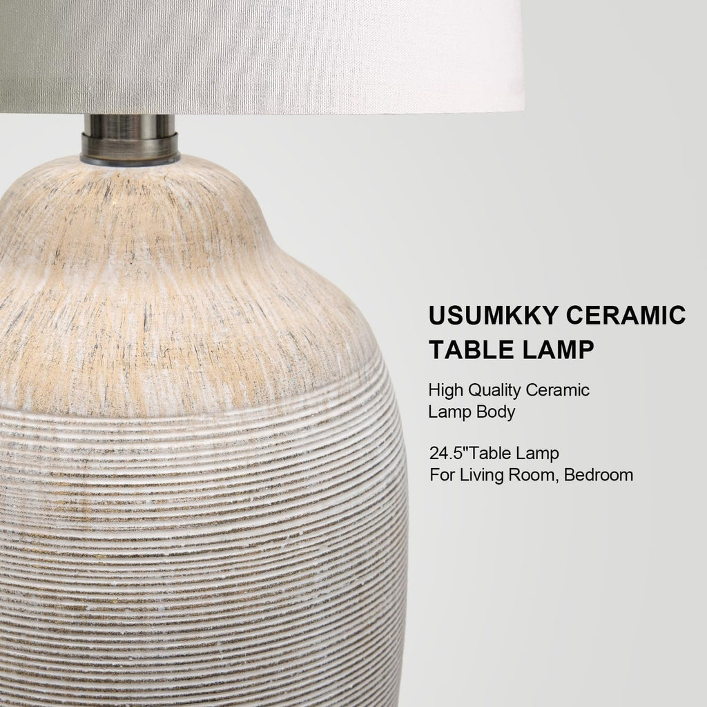 USumkky 24 inch Vintage Ceramic Table Lamp with 5FT Cord - Single Farmhouse Rustic Bedside Lamp with Natural Textured Finish, Nightstand…
