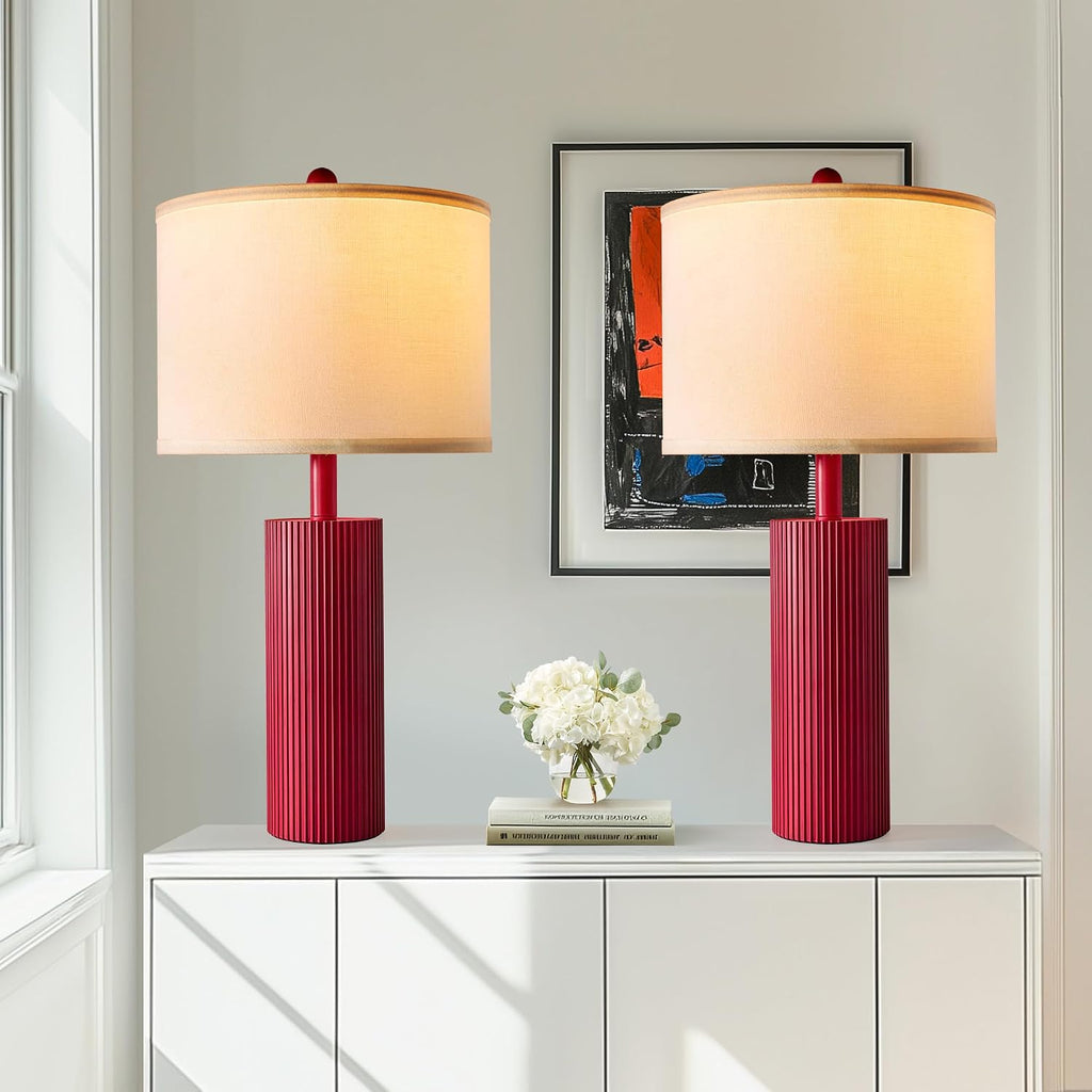 24.5" Red Touch Lamps Set of 2, Modern Living Room Table Lamps with USB C+A Ports, 2 Bulbs Included, Table Light Fixture for Nightstand…