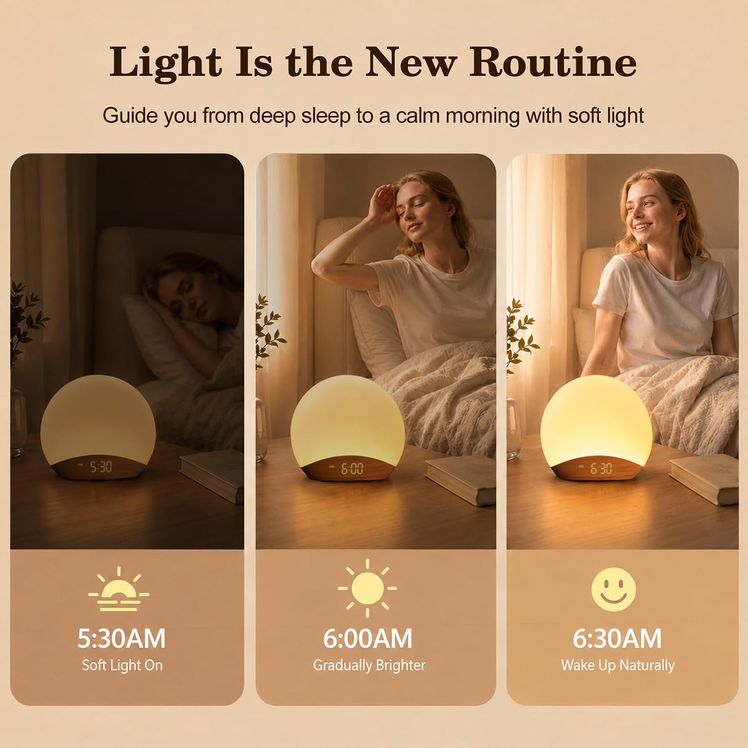 REACHER Wood Grain Sunrise Alarm Clock and Sound Machine Nightlight, Digital Dimmable Clock for Bedroom, 26 Sleep Sounds, White Noise…
