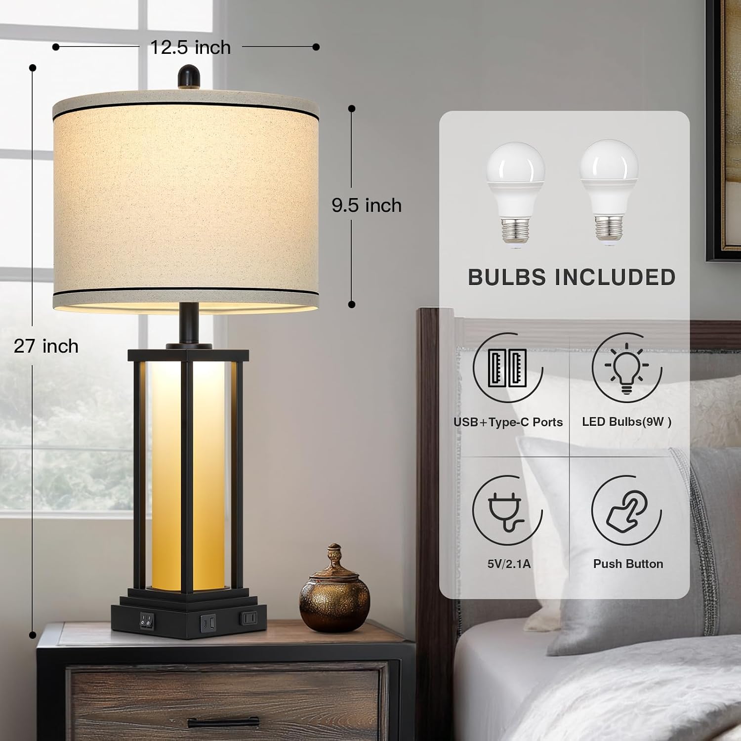 Cinkeda 27" Tall Vintage Table Lamp Set of 2 with USB C+A & Outlet, Farmhouse Nightstand Lamp for Living Room, Rustic Retro Bedside Lamps…