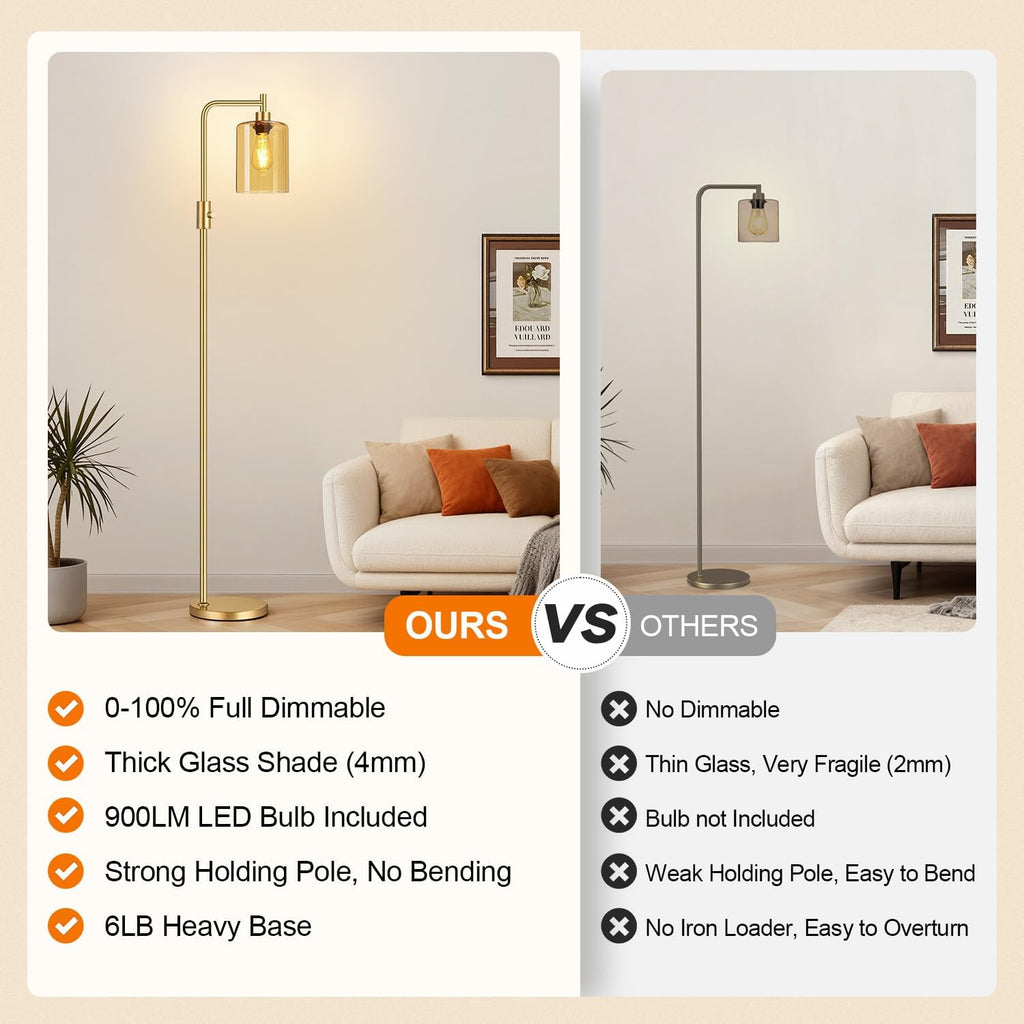 Upgraded】Gold Dimmable Floor Lamp for Living Room with Amber Glass Lampshade, Glass Modern Floor Lamp with 900LM Bulb Included, Bright…