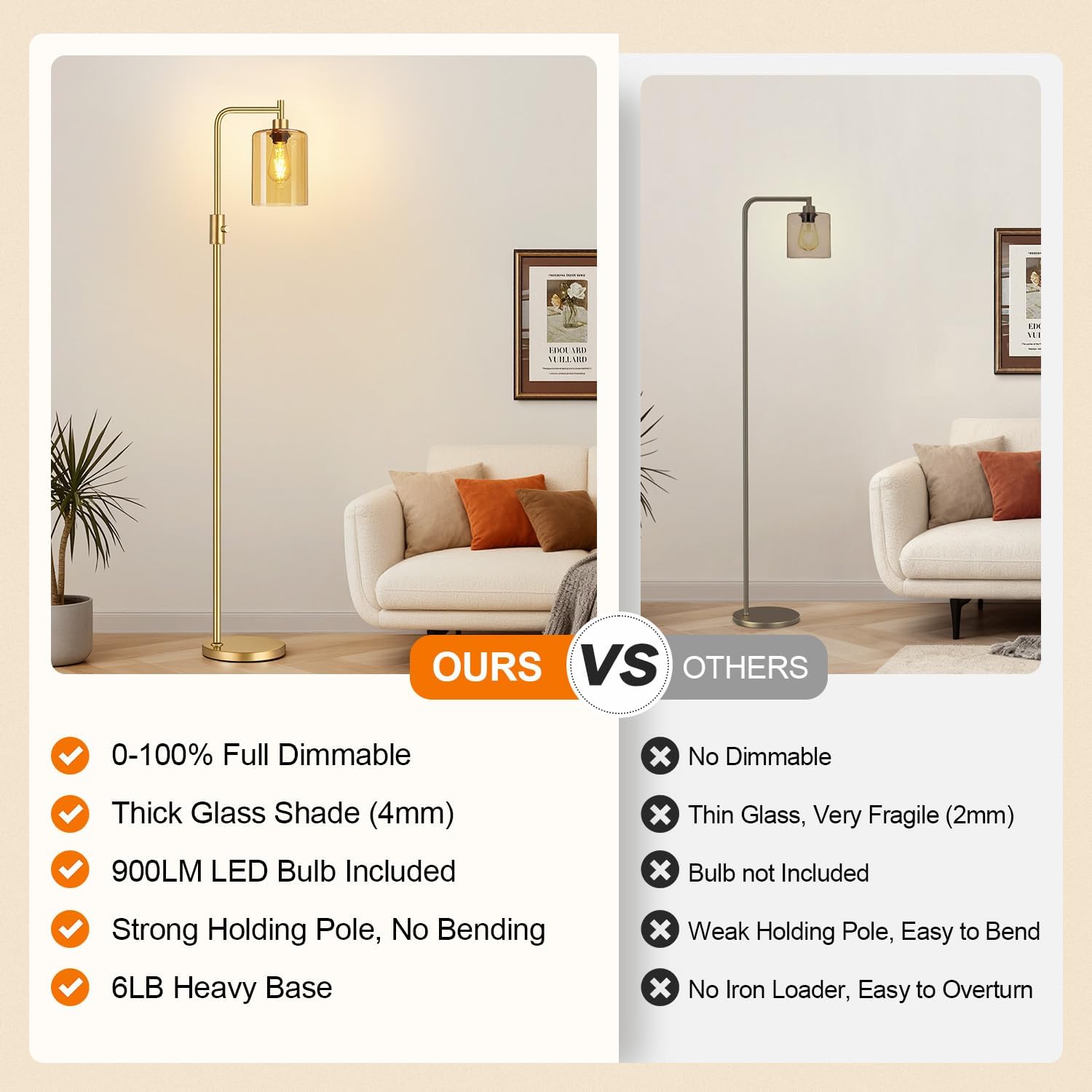 Upgraded】Gold Dimmable Floor Lamp for Living Room with Amber Glass Lampshade, Glass Modern Floor Lamp with 900LM Bulb Included, Bright…
