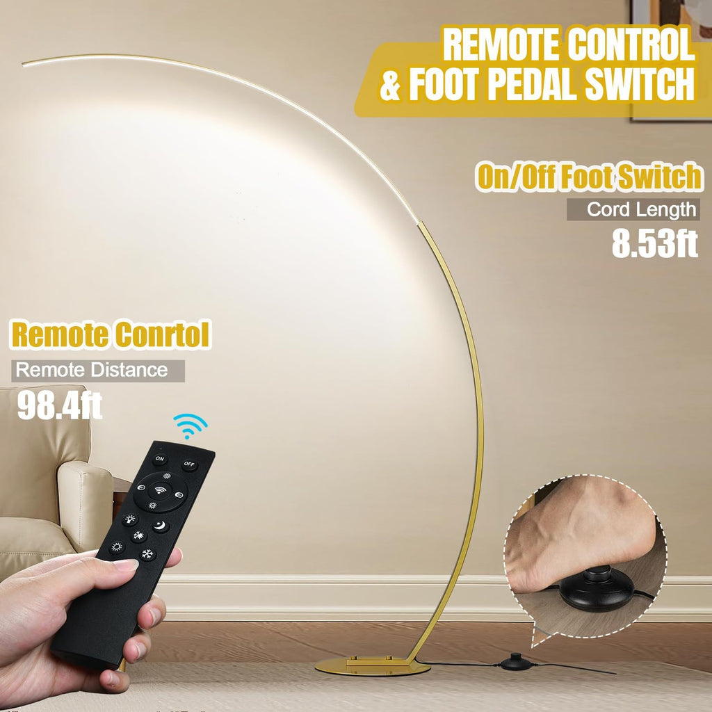 Dimmable LED Floor Lamp with 3 Color Temperatures, Ultra Bright 2000LM Gold Arc Floor Lamp, Modern Standing Tall Lamp with Remote Control…