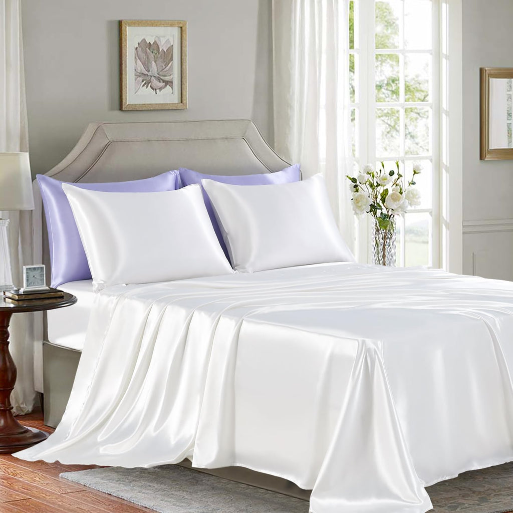 Golal Satin Sheets California King Size - 4 Pieces Luxury Silky Soft Bed Sheets, Wrinkle-Free White Satin Silk Sheet Set with 1 Deep Pocket…