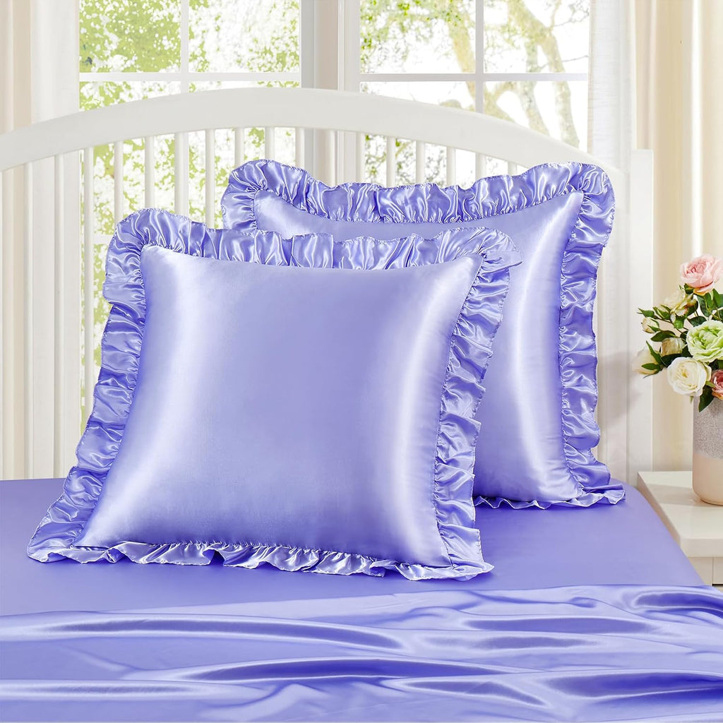 Homiest Ruffle Euro Sham Covers 26x26 Inch Set of 2, Lavender Satin Pillow Shams with 3 Inch Wide Decorative Ruffled, European Square…