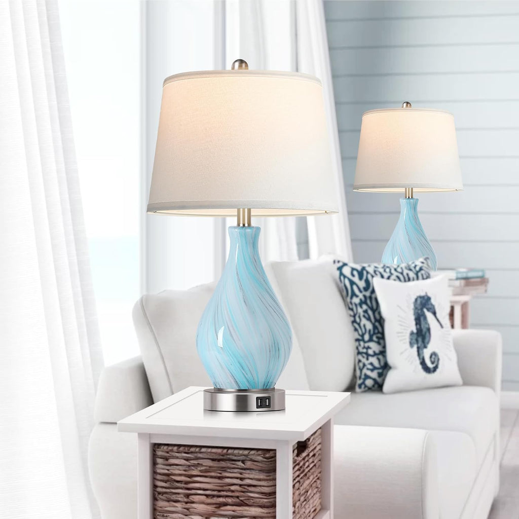 Modern Accent Table Lamp Set of 2 Touch Control, 22" Faded Swirl Blue Gray Art Glass Bedside Lamp with USB Ports, 3-Way Dimmable Hand…