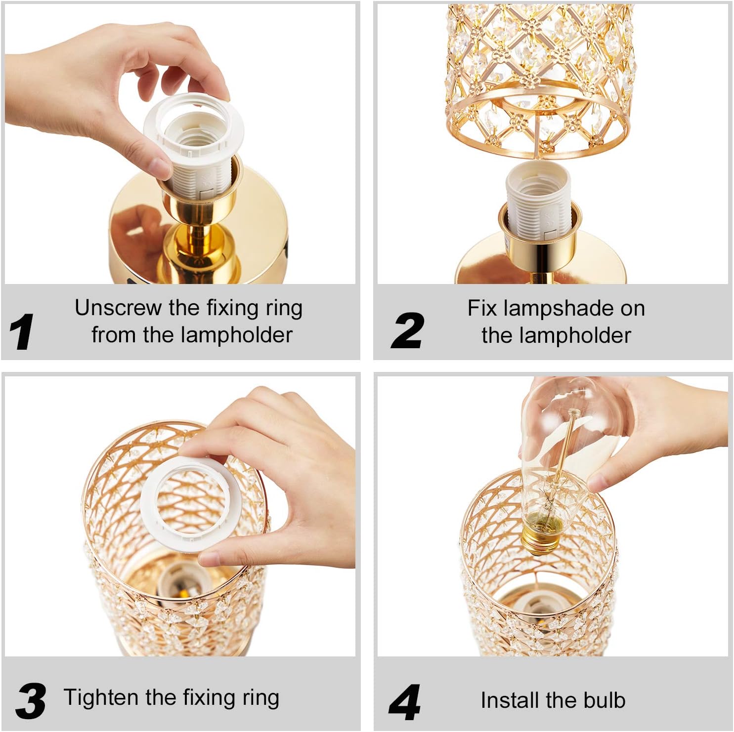 Crystal Table Lamp, Gold Lamp for Bedroom with USB-C USB-A Charging Ports, 3 Way Dimmable Light with Crystal Lampshade, Bedside Lamp…