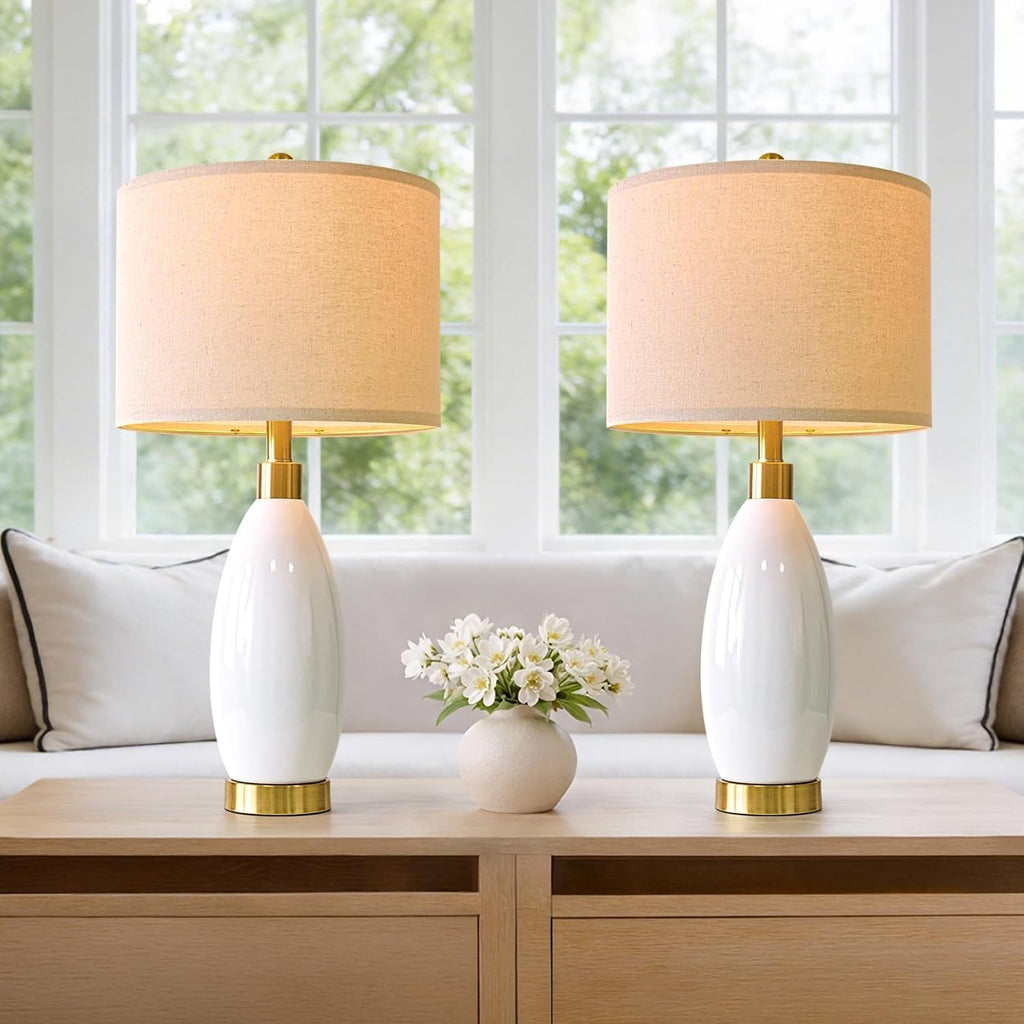 USumkky 24" White Oval Ceramic Table Lamp Set of 2, Modern Minimalist Bedside Nightstand Lamps for Bedroom Living Room, Linen Shade &…