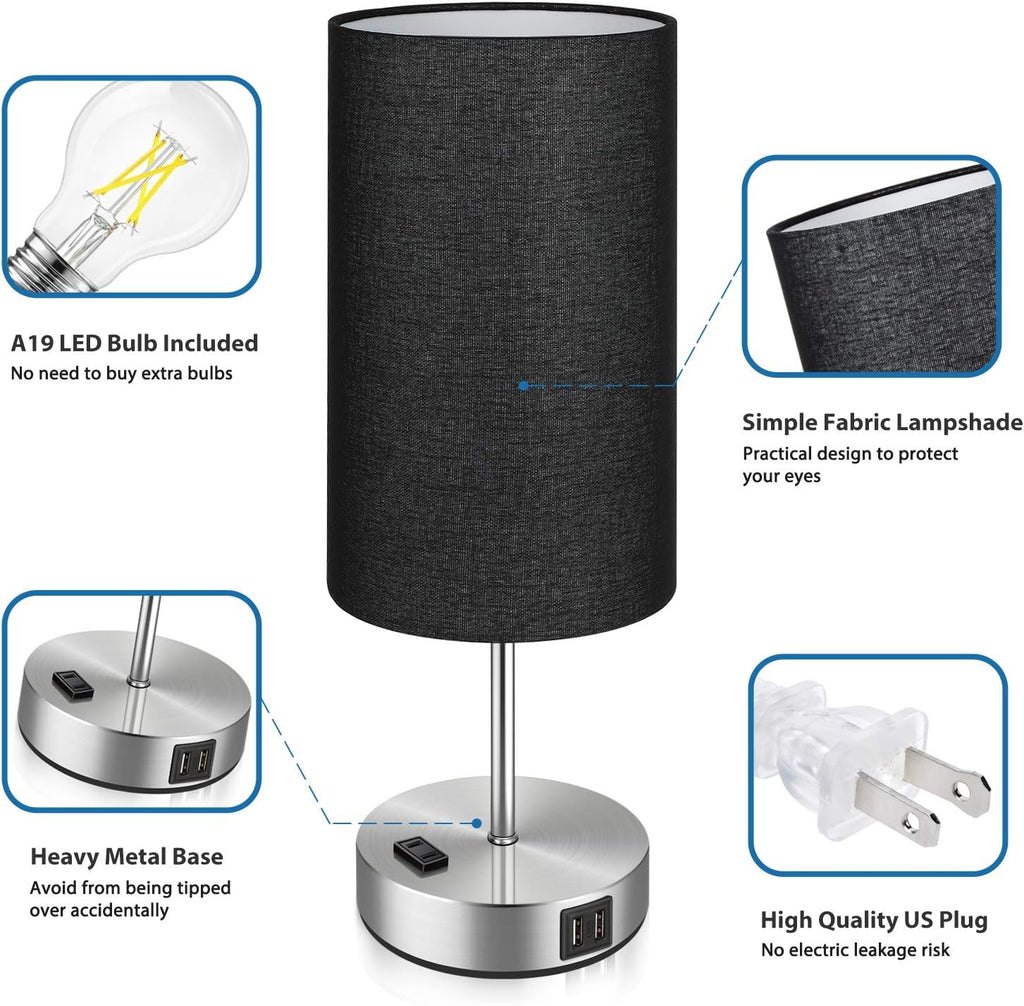 Brightever Black Touch Control Table Lamp Set of 2, with 2 USB Charging Ports&AC Outlet, 3-Way Dimmable Bedside Nightstand Lamps with Fabri…