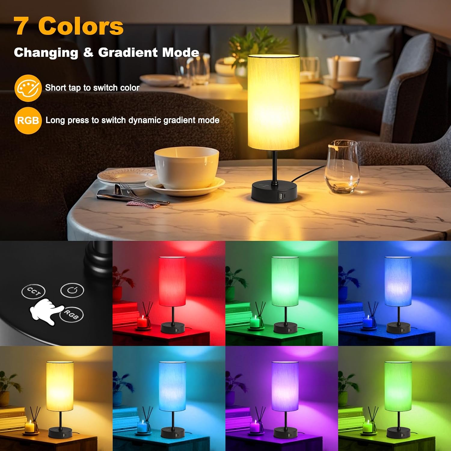 Unicozin Table Lamp for Bedroom, 3 Color Temperatures, 7 RGB Colors, Adjustable Brightness, Dual USB Charging Ports, Ambience Nightstand…