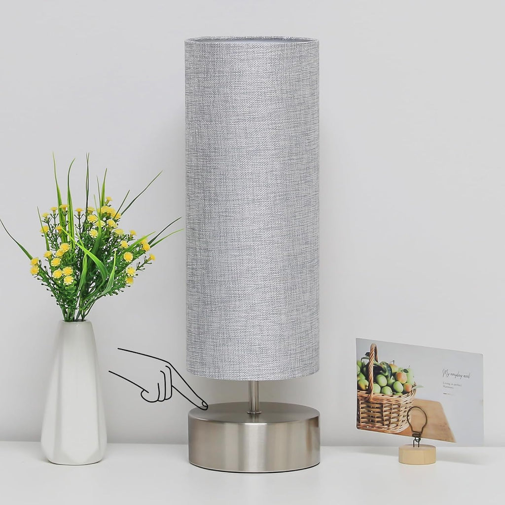 Bedside Touch Lamp, 3 way Touch Control Table Lamp with Silver Base, Modern Gray Nightstand Lamp with Cylinder Shade, Simple Dimmable…