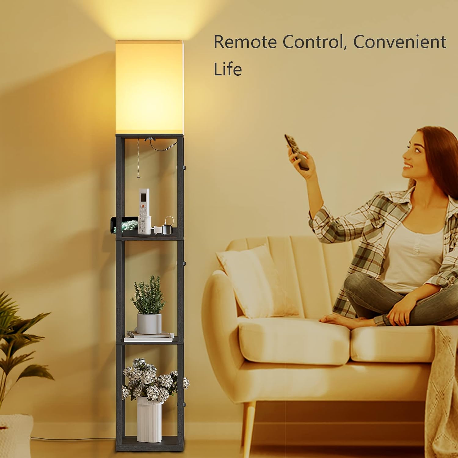 SUNMORY Shelf Lamp with Remote Control, Stepless Color Temperature & Dimmable, Floor Lamp with Shelves with 2 Usb Charging Ports and…