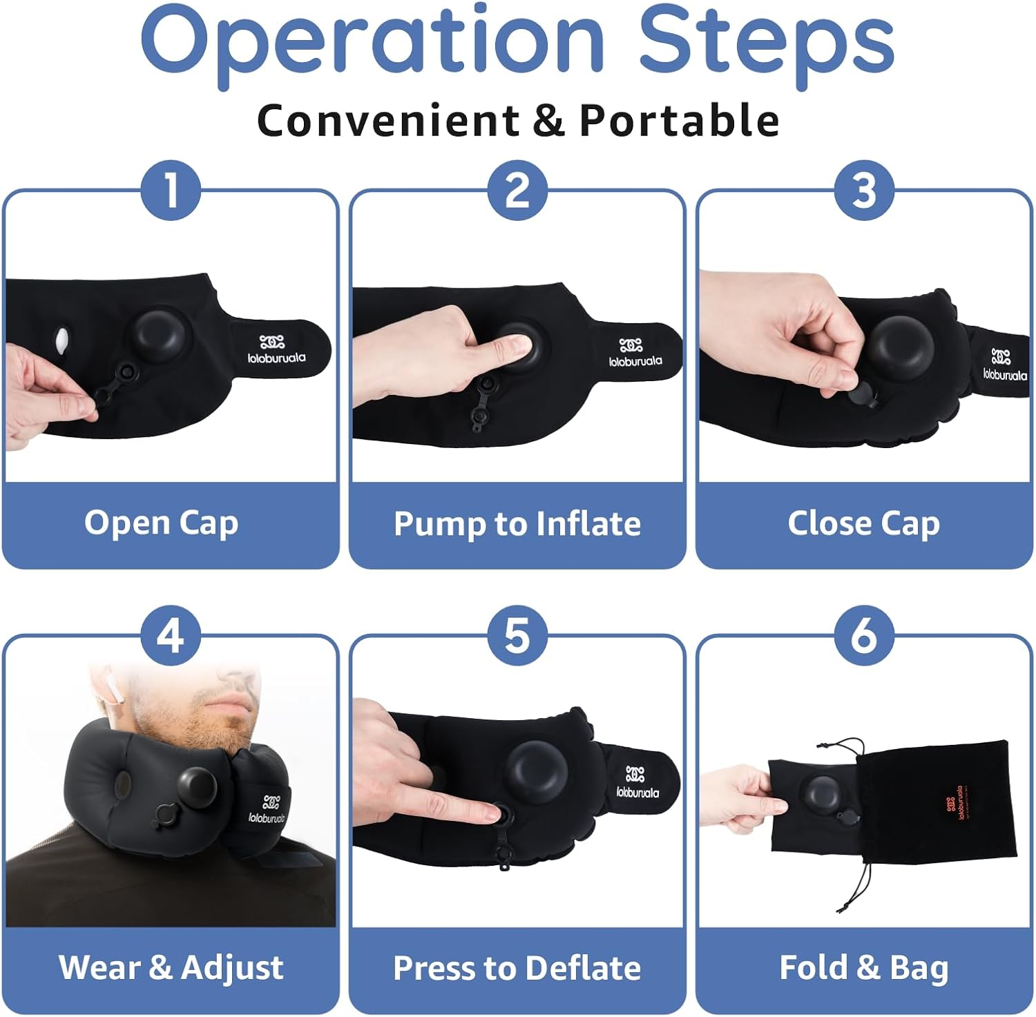 Inflatable Neck Pillow, Portable Travel Neck Pillow Airplane, Storable Black Neck Pillows Travel with Washable Cover, Adjustable Air-Fill…