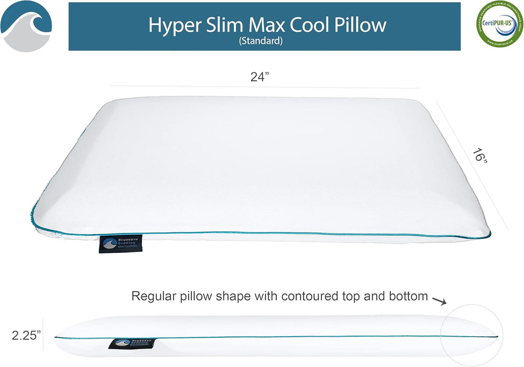 BluewaveBedding Bluewave Bedding Hyper Max Cool CarbonBlue Gel Memory Foam Pillow for Stomach and Back Sleepers - Thin, Flat Design wi…
