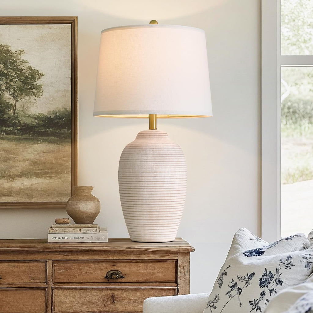 USumkky 29.5" Tall Vintage Ceramic Table Lamp with 5FT Cord - Single Large Rustic Farmhouse Bedside Lamp with Linen Shade & Natural Texture…