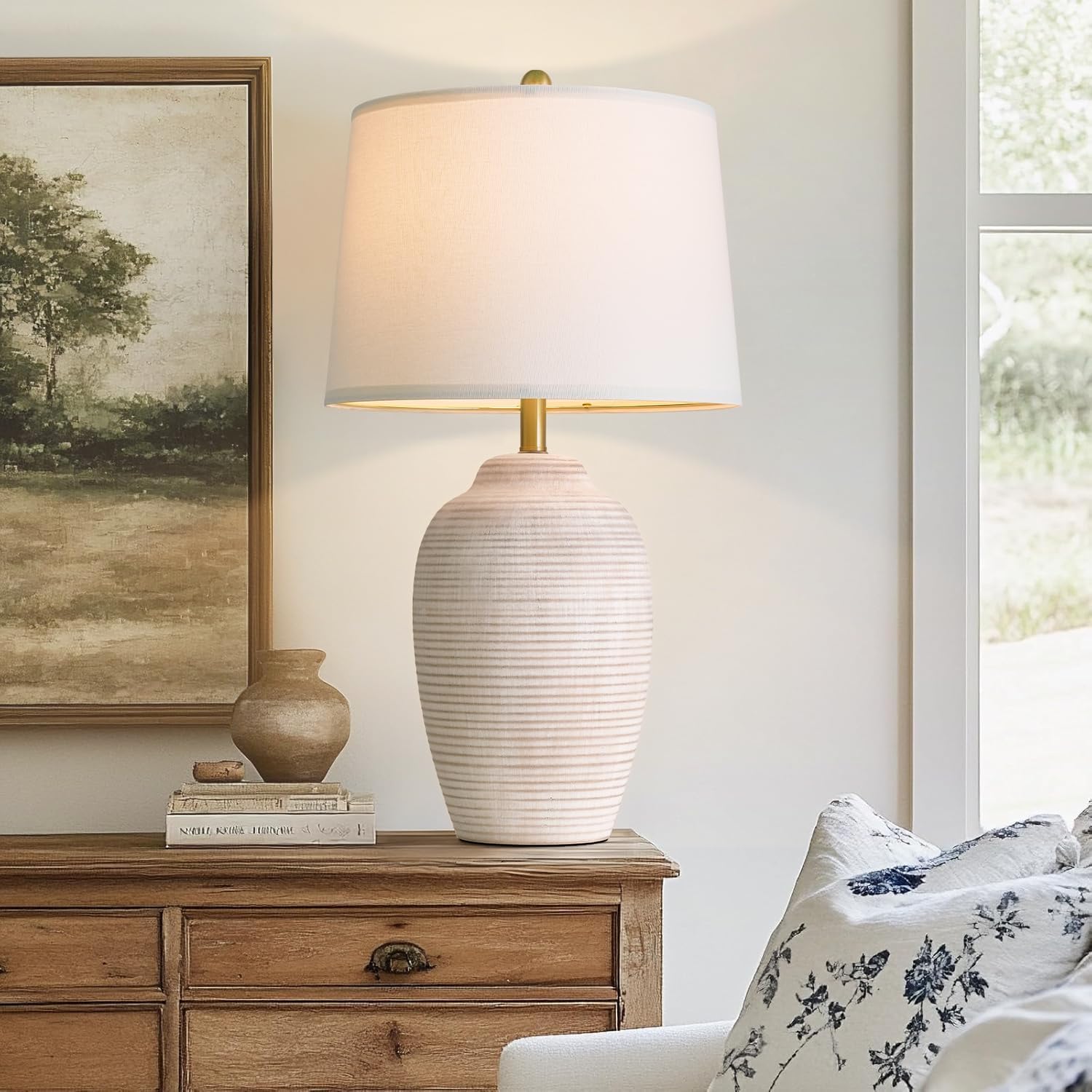 USumkky 29.5" Tall Vintage Ceramic Table Lamp with 5FT Cord - Single Large Rustic Farmhouse Bedside Lamp with Linen Shade & Natural Texture…