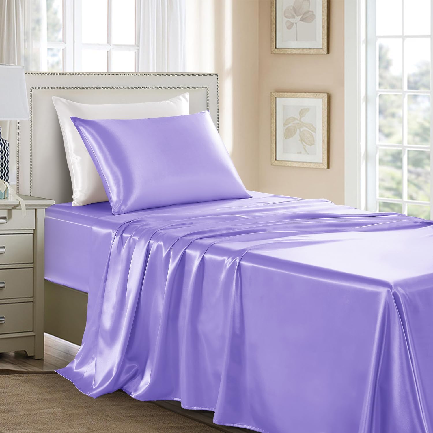 Golal Satin Sheets Twin Size - 3 Pieces Luxury Silky Soft Bed Sheets for Kids, Wrinkle-Free Lavender Satin Silk Sheet Set with 1 Deep Pocke…