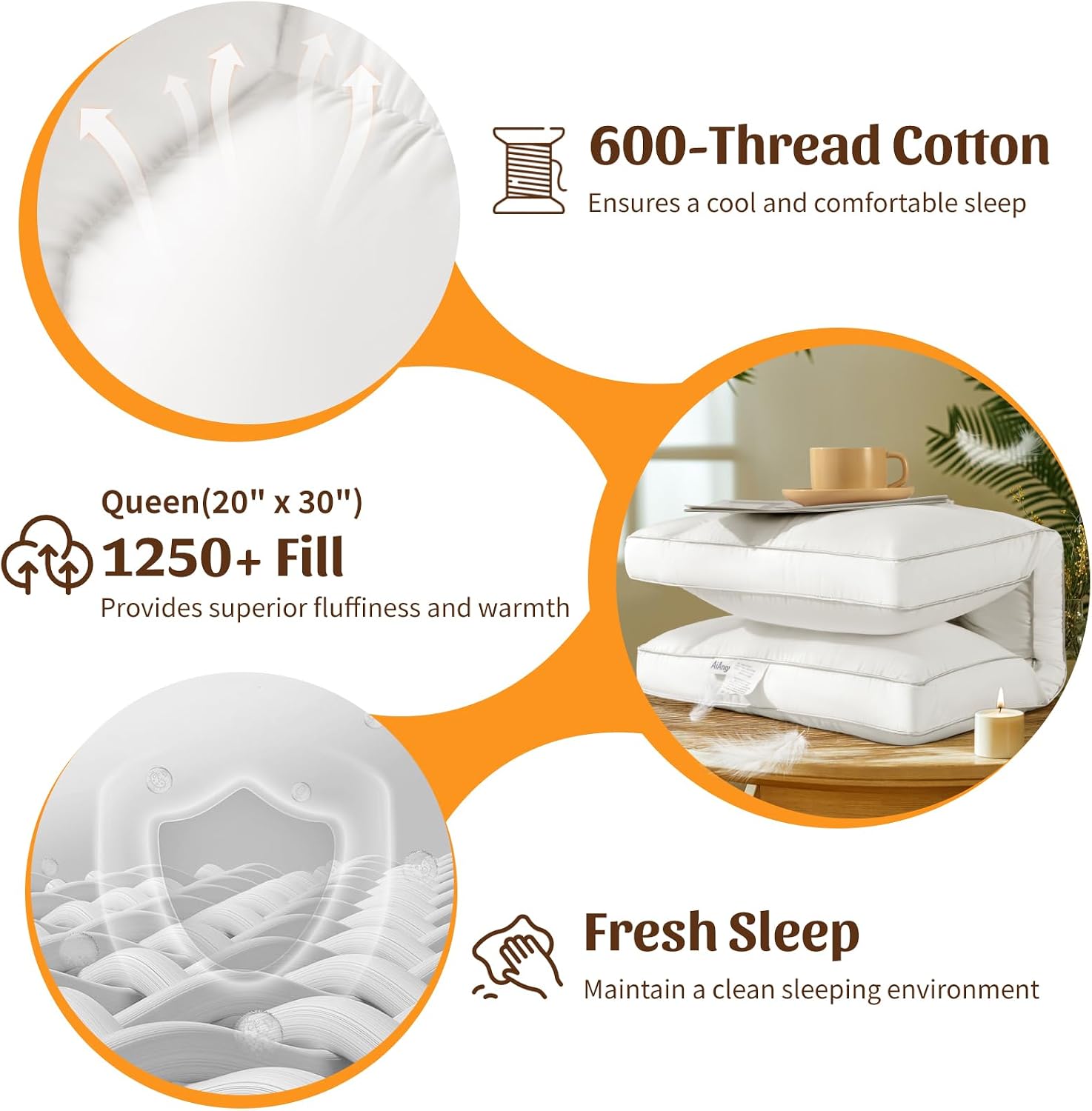 Goose Down Pillow Queen Size Set of 2, 1250+ Fill Power, 600 Thread Count Cotton Shell, for Side, Back(White, Queen(Pack of 1))