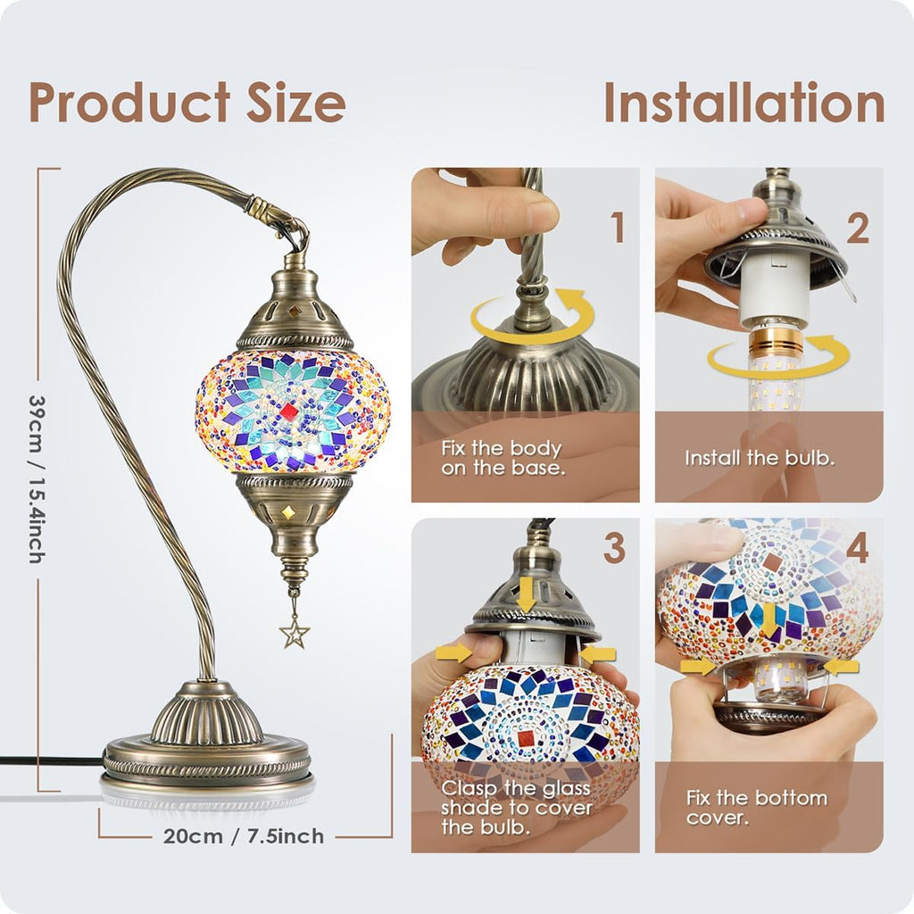 Yarra-Decor Turkish Moroccan Lamp with Bronze Base 3 Color Options Handmade Swan Neck Tiffany Mosaic Glass Bedside Lamps for Bedroom (LED…