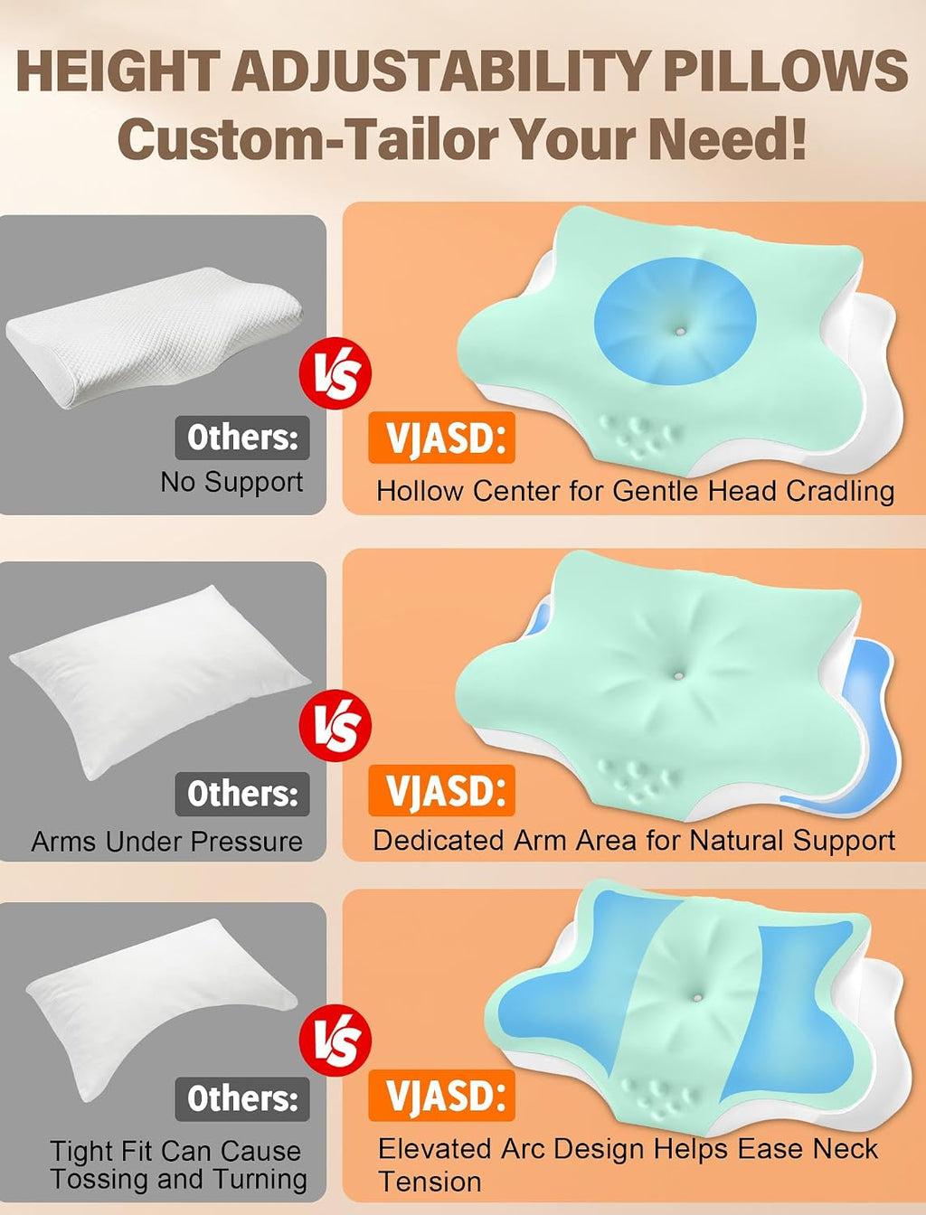 Vjasd Cervical Neck Pillow for – Ergonomic Memory Foam Pillow for Side Sleeper Contour Orthopedic Bed Pillow for Neck Support with Cooling…