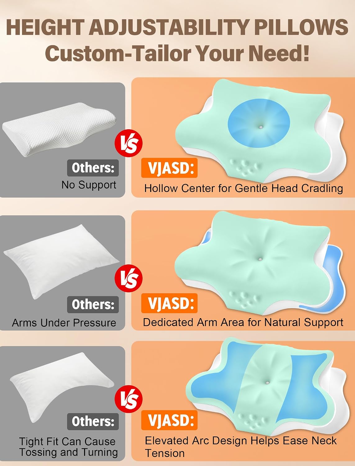 Vjasd Cervical Neck Pillow for – Ergonomic Memory Foam Pillow for Side Sleeper Contour Orthopedic Bed Pillow for Neck Support with Cooling…