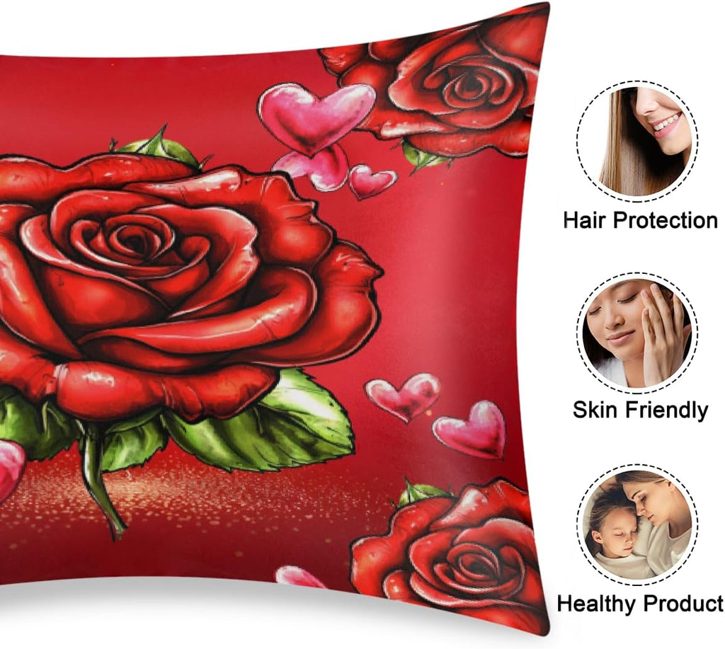 Valentine Red Roses Satin Silk Pillowcase for Hair & Skin Pillow Cases Standard Size Soft Silk Pillow Case with Envelope Closure Satin…