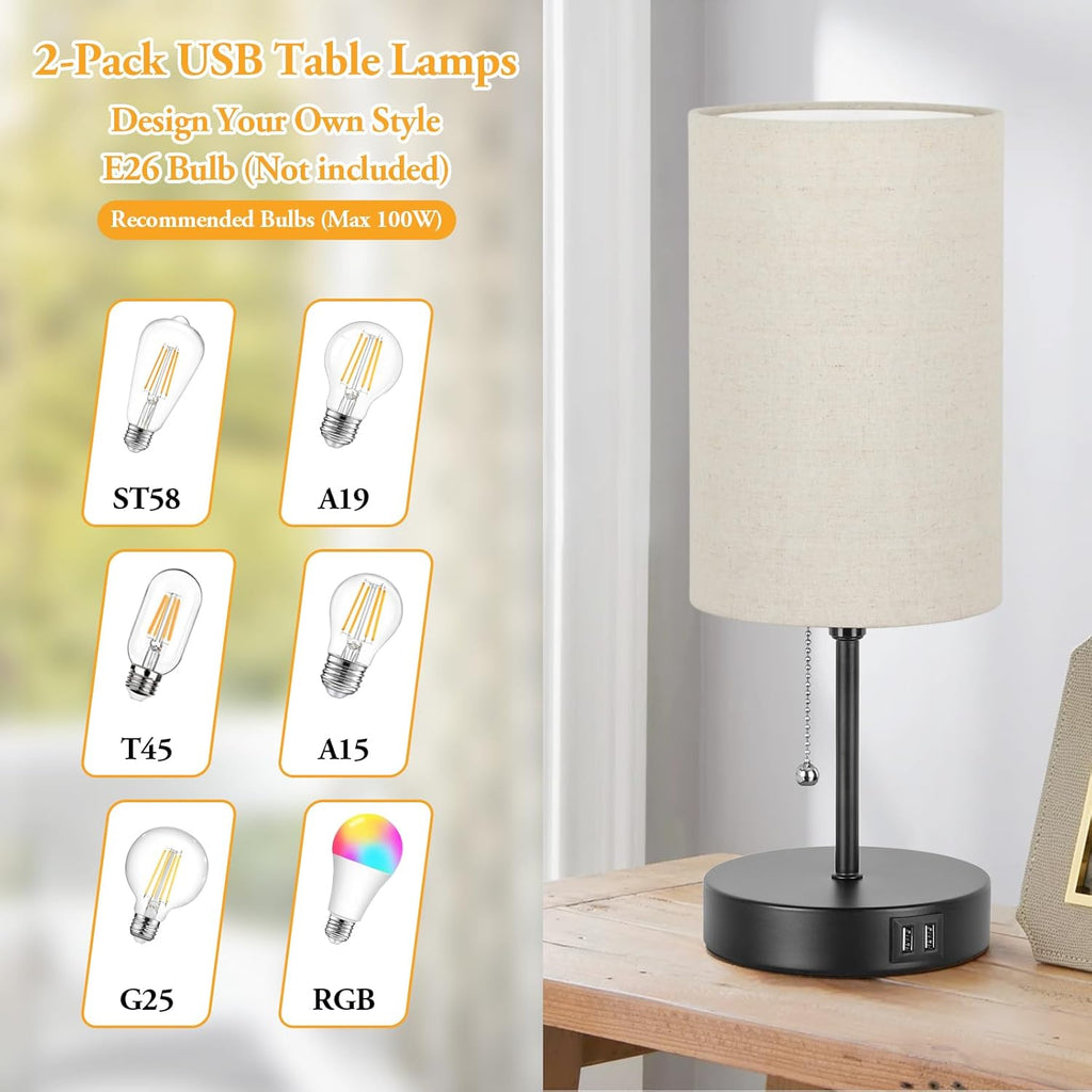 2 Sets Table Lamps with 2 USB, Minimalist Beside lamps for Bedroom, Nightstand Lamps with Pull Chain, Desk Lamps with Cream Fabric Shade…