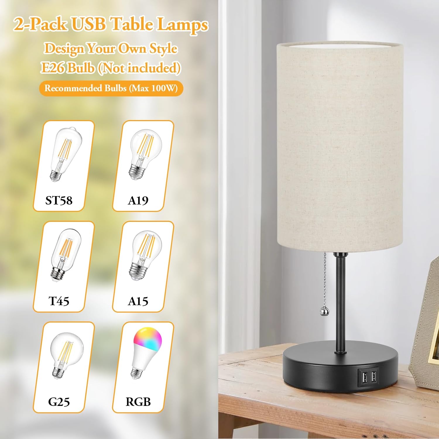 2 Sets Table Lamps with 2 USB, Minimalist Beside lamps for Bedroom, Nightstand Lamps with Pull Chain, Desk Lamps with Cream Fabric Shade…