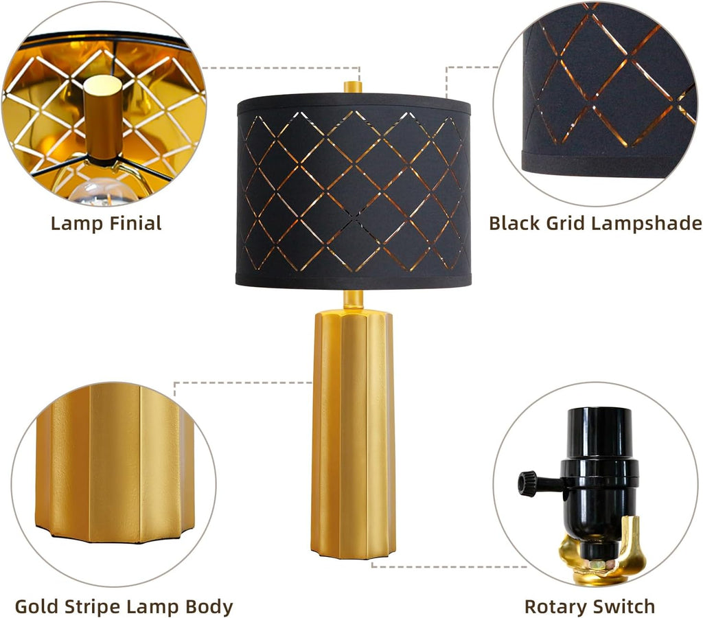 Set of 2 Modern Table Lamps for Living Room Bedroom, Gold Nightstand Resin Lamps with Black Grid Shade, Contemporary Desk Lamps for…
