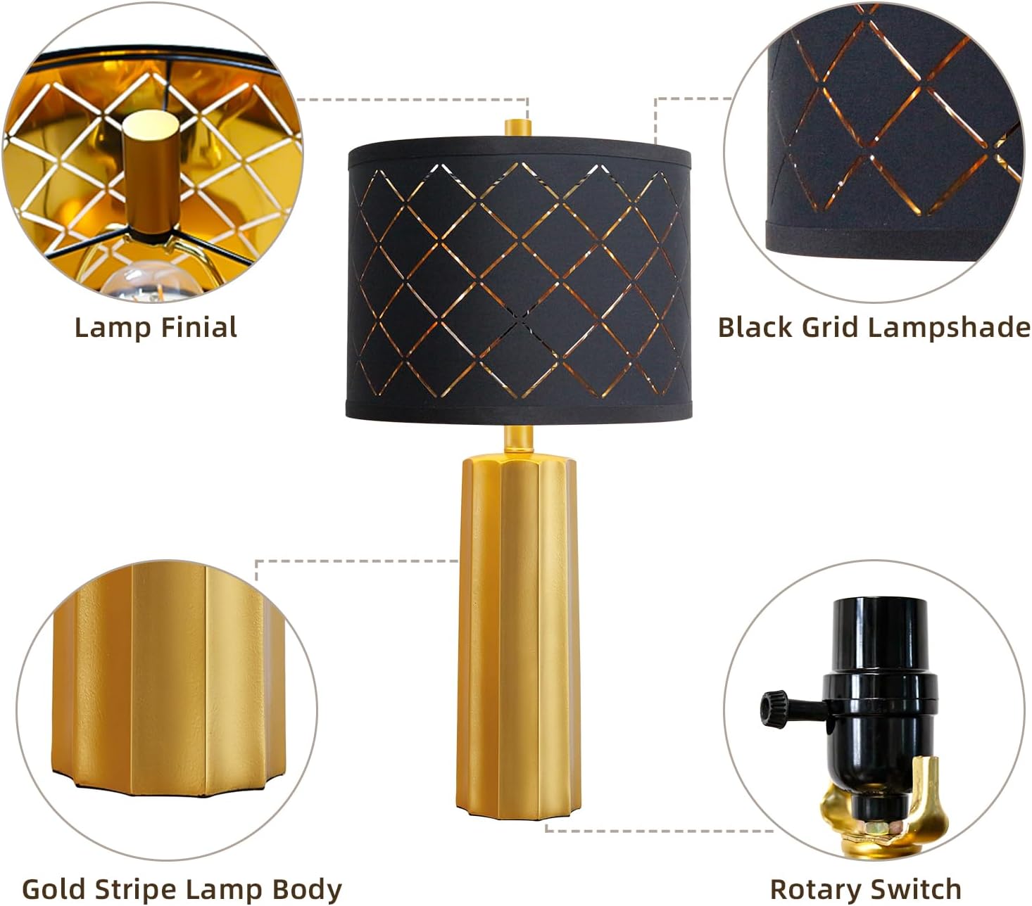 Set of 2 Modern Table Lamps for Living Room Bedroom, Gold Nightstand Resin Lamps with Black Grid Shade, Contemporary Desk Lamps for…