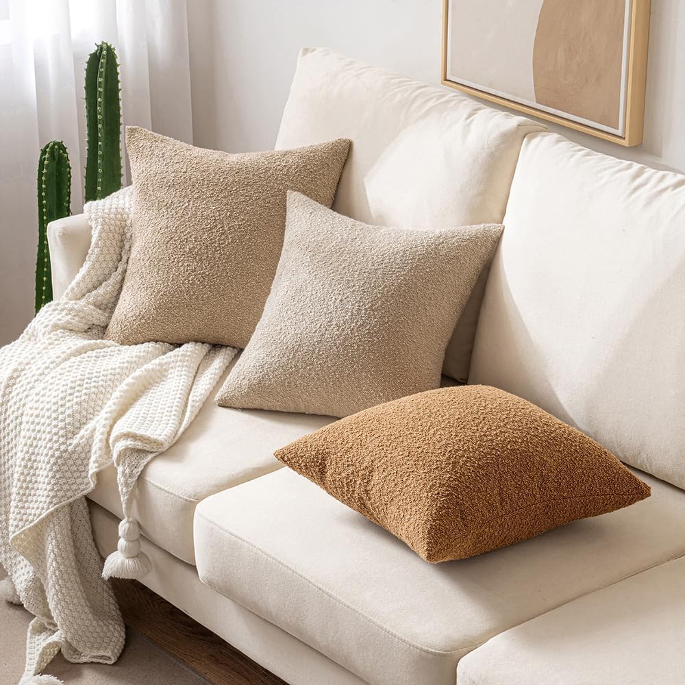 Miulee 16x16 Inch Decorative Pillow Covers for Couch Bed Set of 2 Textured Boucle Neutral Throw Pillow Covers Taupe Khaki Camel Accent Soli…