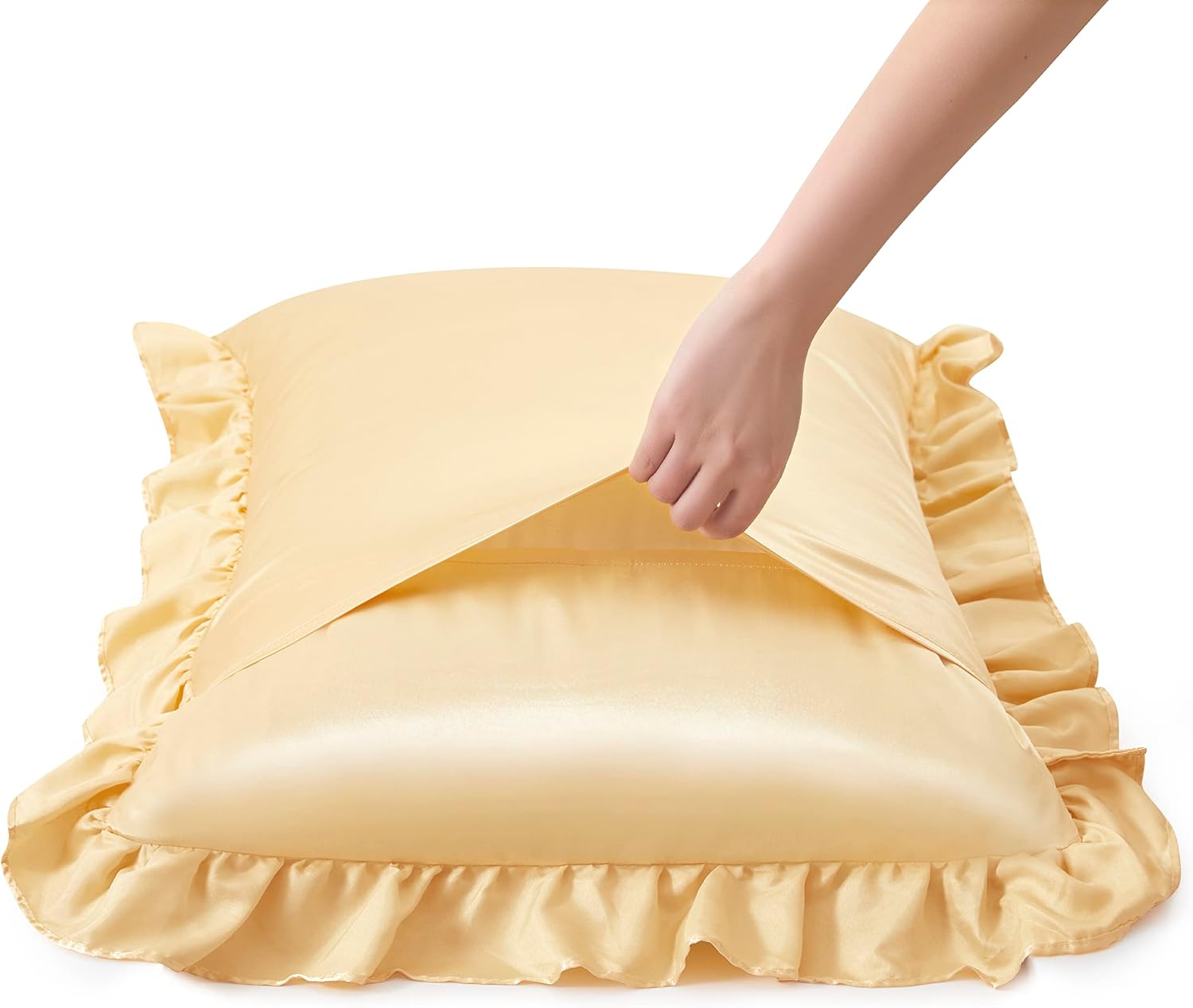 HommxJF Silky Satin Ruffled Pillow Cases for Hair and Skin, Gold Silk Pillowcases Standard Set of 2 with Envelope Closure Princess Room Deco…