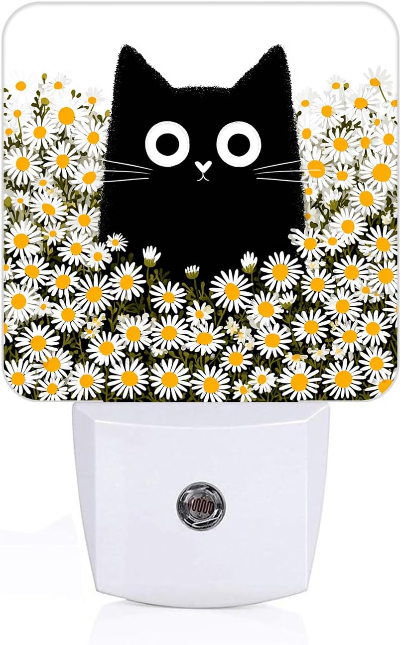 Cute Cat and Daisy Night Light, Plug Into Wall for Boys Girls Bedroom Decorative Square Night Light Lamp 0.5w Sleep Friendly