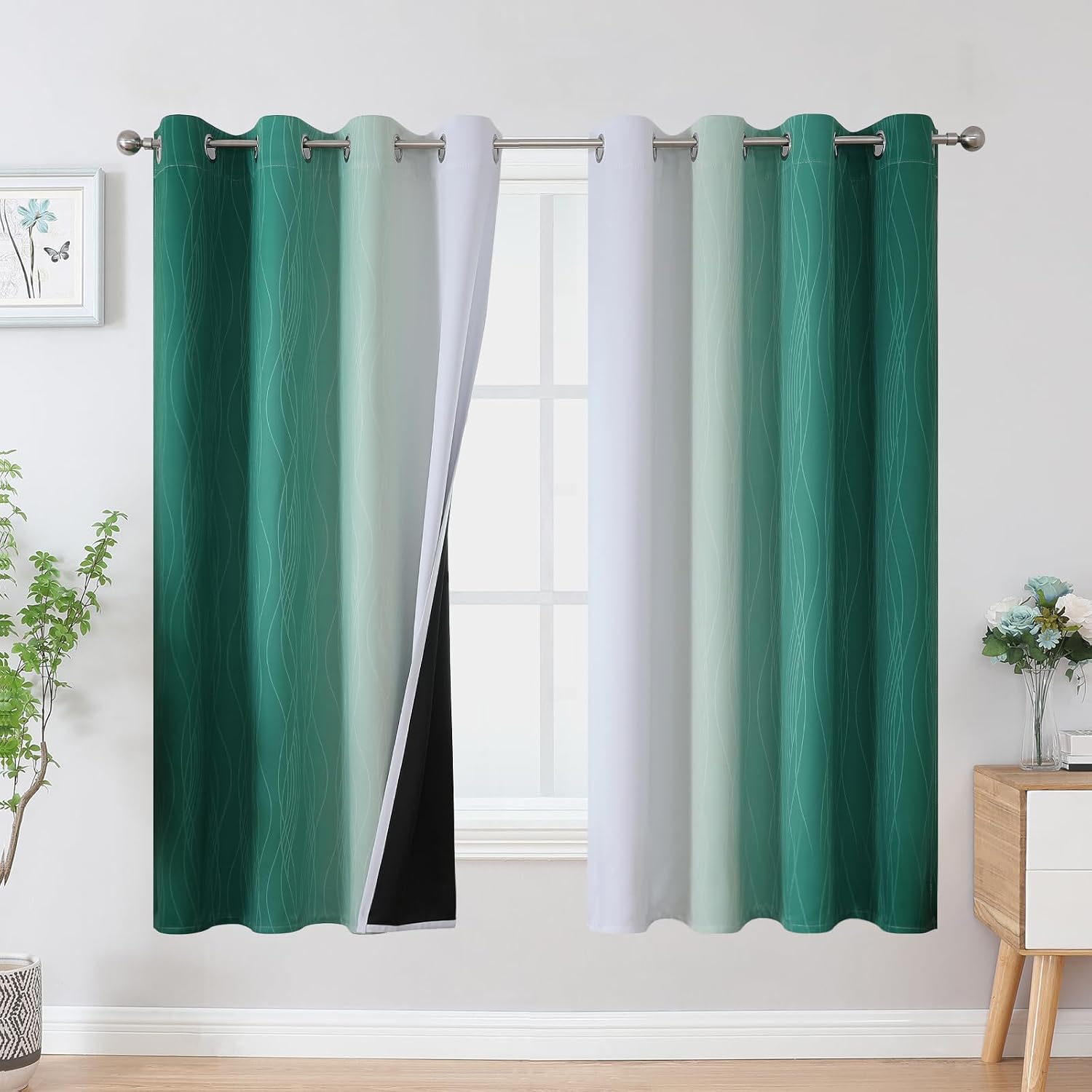 Estelartextiler Estelar Textiler Green and Greyish White Blackout Curtains for Kids Room, Full Room Darkening Grommet Ombre Curtains for Be…