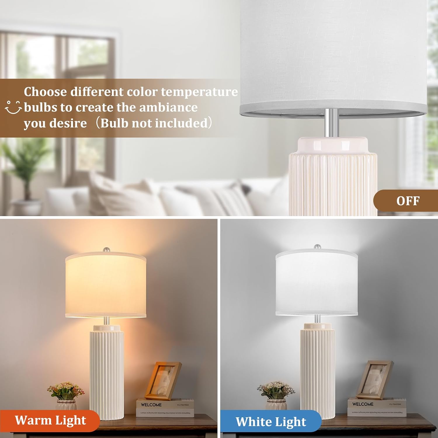 Tobusa 28’’ Farmhouse Ceramic Table Lamps Set of 2 for Living Room, Cream Vintage Bedside Table Lamps with White Linen Shade, Rustic Nights…
