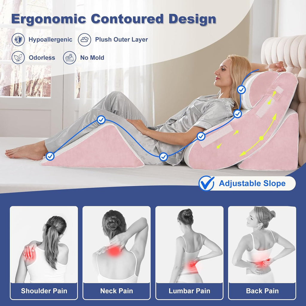 Wsofrlac 4PC Geriatric Wedge Pillow System - Elderly Bed Wedges for Sitting/Sleeping, Post Surgery Body Positioner with Non-Slip Base (Idea…