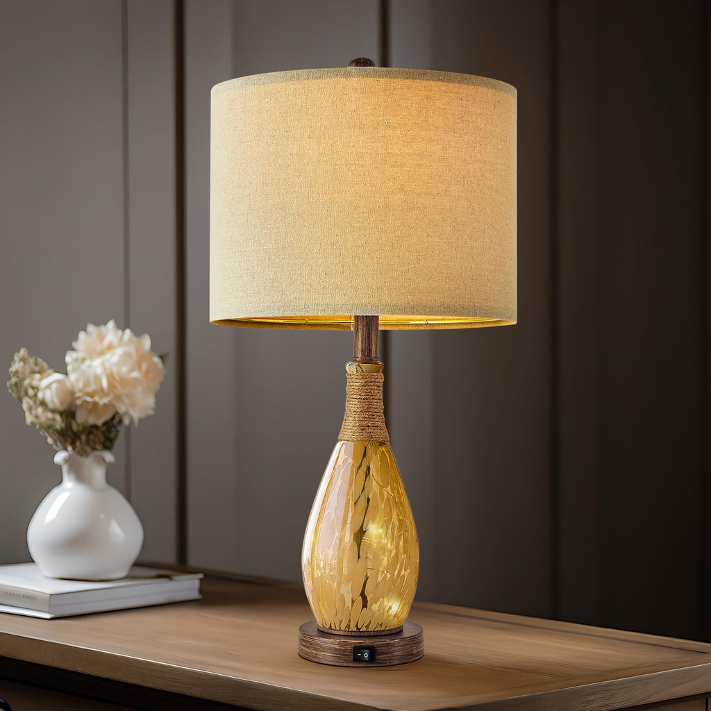 OYEARS 23" USB A+C Table Lamp for Bedroom Living Room Modern Bedside Lamps Retro Farmhouse Rattan Glass Nightstand Nightlight Lamps…