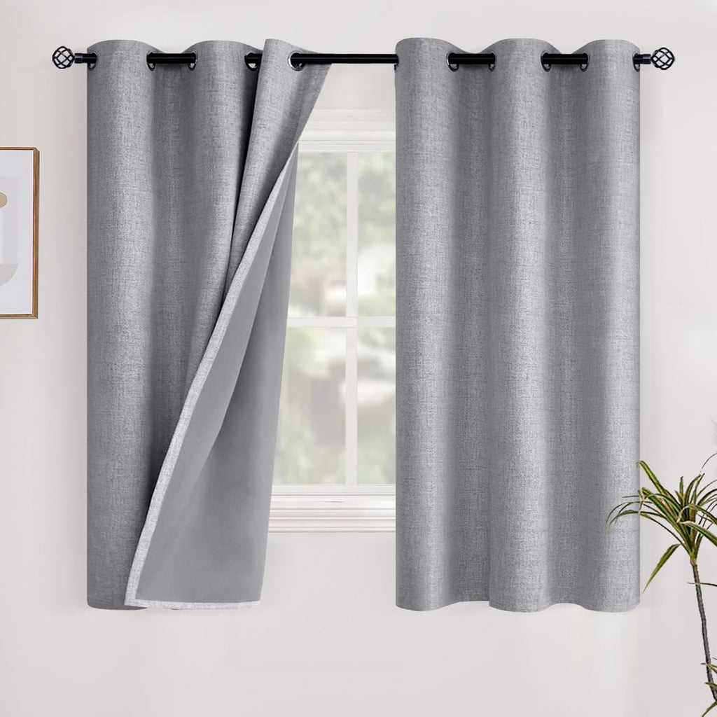 YoungsTex Grey Linen Blackout Curtains 40 Inch Length for Bedroom, Full Room Darkening Short Drapes with Grommet Thermal Insulated for Kitc…