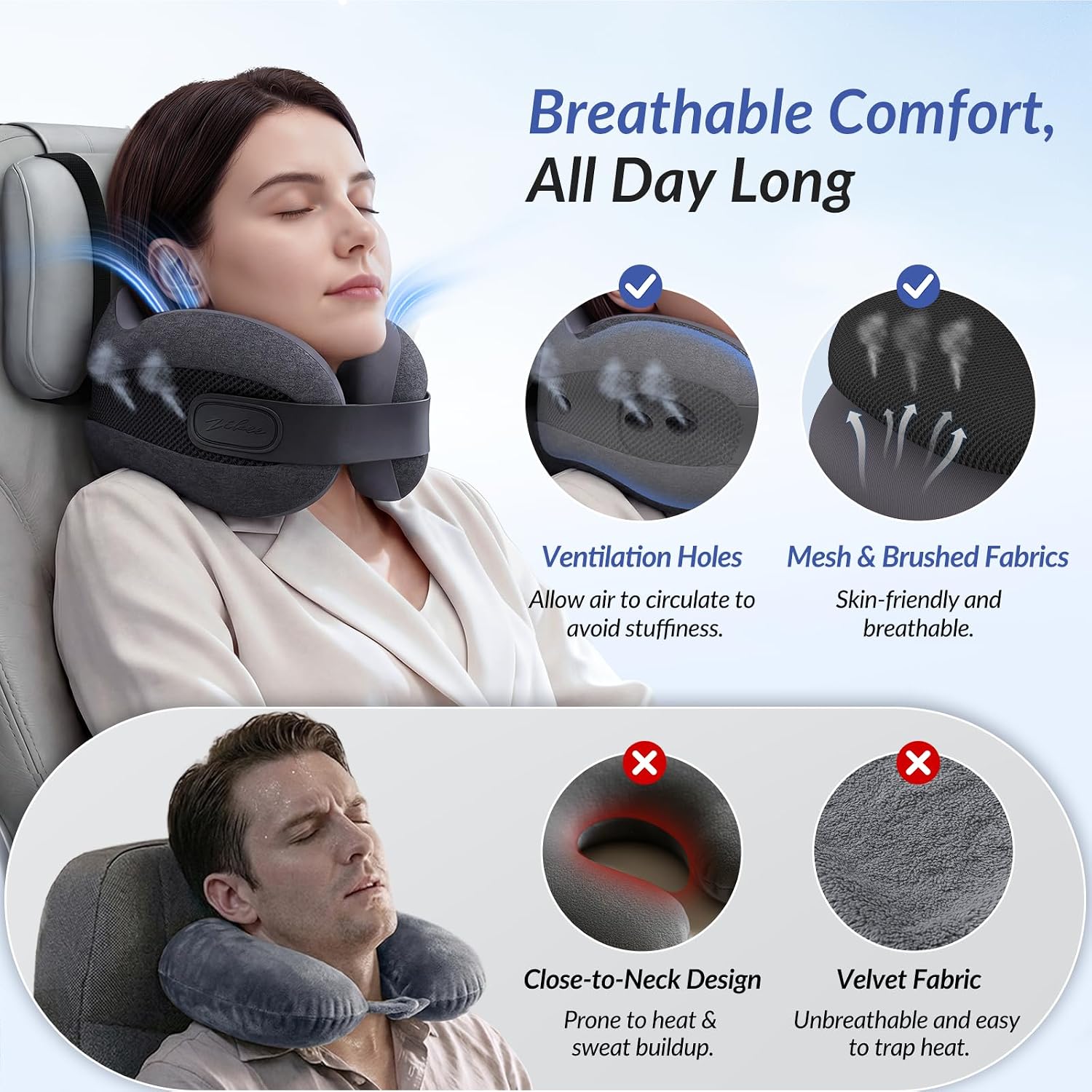 ZIKEE Dual-Layer Memory Foam Neck Pillow for Airplane, Travel Pillow with Seat Straps to Secure Head & Neck, Ergonomic Ear-Friendly Neck…