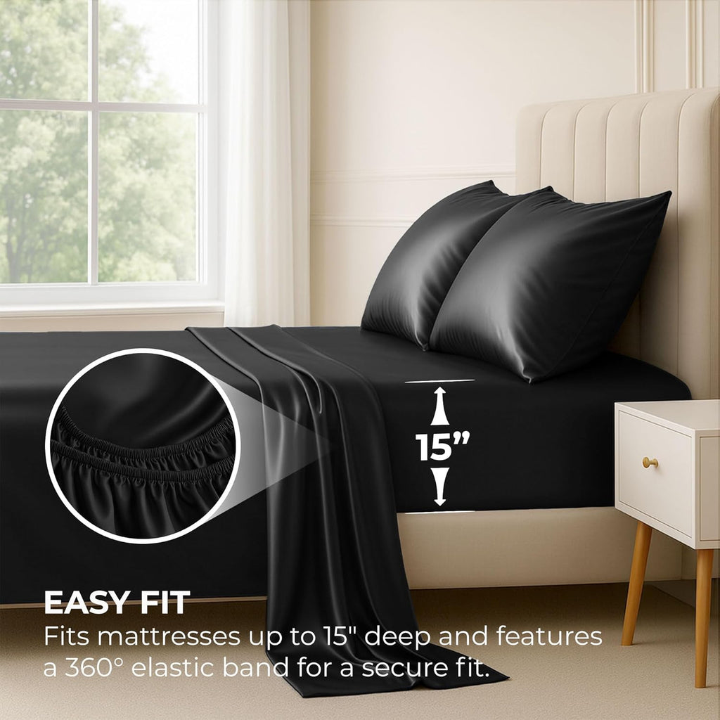 PureBedding Satin Sheets California King [4-Piece, Black] Luxury Silky Bed Sheets - Extra Soft 1800 Microfiber Sheet Set, Wrinkle, Fade, St…