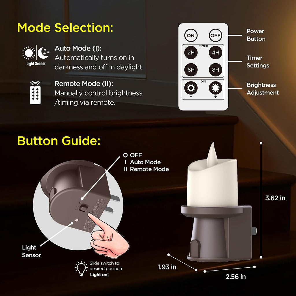 2-in-1 Plug in Night Light (4 Pack) - Dual Mode: Auto Sensor & Remote Timer - Boho Neutral Beige Candle Nightlight for Nursery, Bedroom…