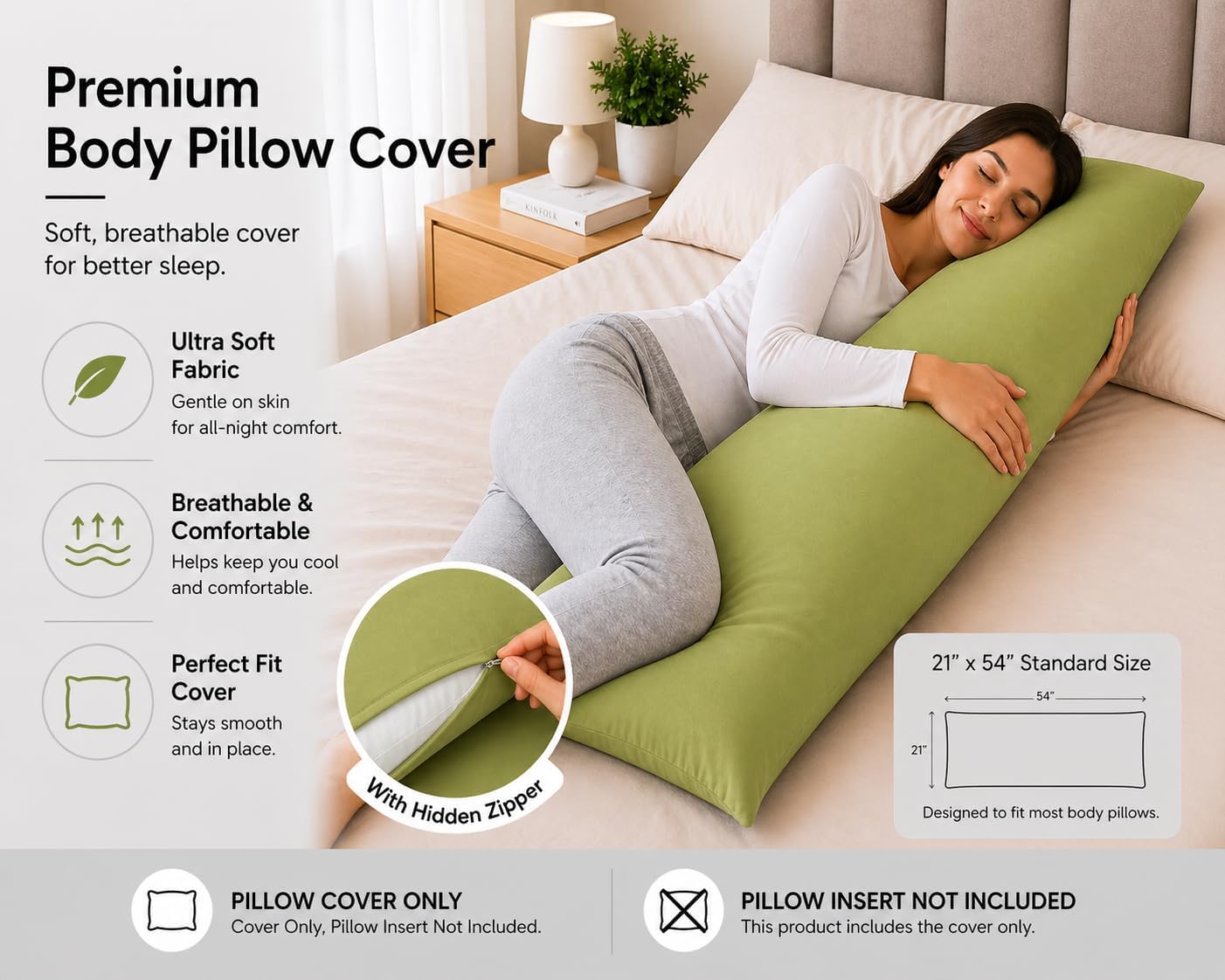 EVOLIVE Body Pillow Cover 21"x54", Ultra Soft Microfiber Pillowcase with Hidden Zipper, Breathable, Machine Washable, for Pregnancy &…