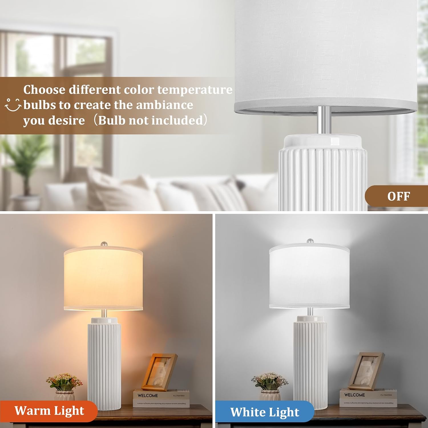 Tobusa 28’’ Modern White Ceramic Lamps Set of 2 for Living Room, Vintage Nightstand Lamps for Bedroom, Farmhouse Bedside Lamps with Linen S…