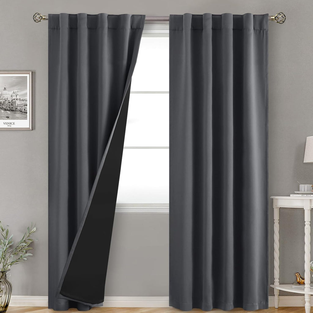 BGment Dark Grey 100% Blackout Curtains for Bedroom, Black Out Living Room 84 inch Panels with Thermal Liner, Rod Pocket and Back Tab…