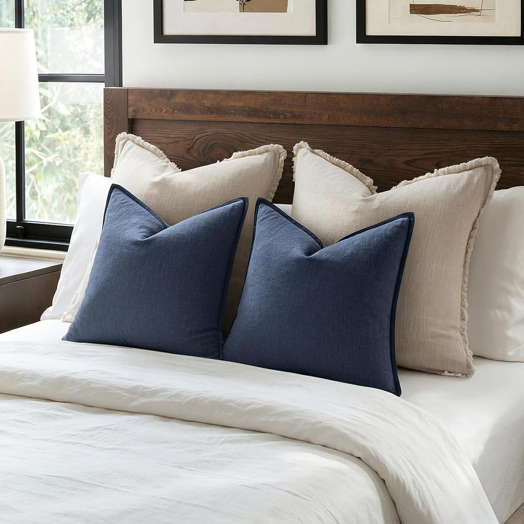 Anroduo Pack of 2 Decorative Linen Pillow Covers Indigo Blue Neutral Farmhouse Boho Soild Cushion Case Soft Accent Pillowcase for Couch Sof…