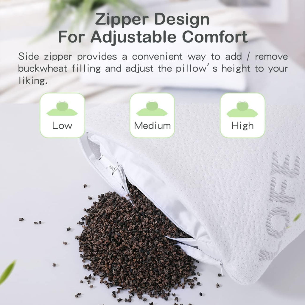LOFE® Organic Buckwheat Pillow for Sleeping -14''x20'', Adjustable Loft, Breathable for Cool Sleep, Cervical Support for Back and Side…