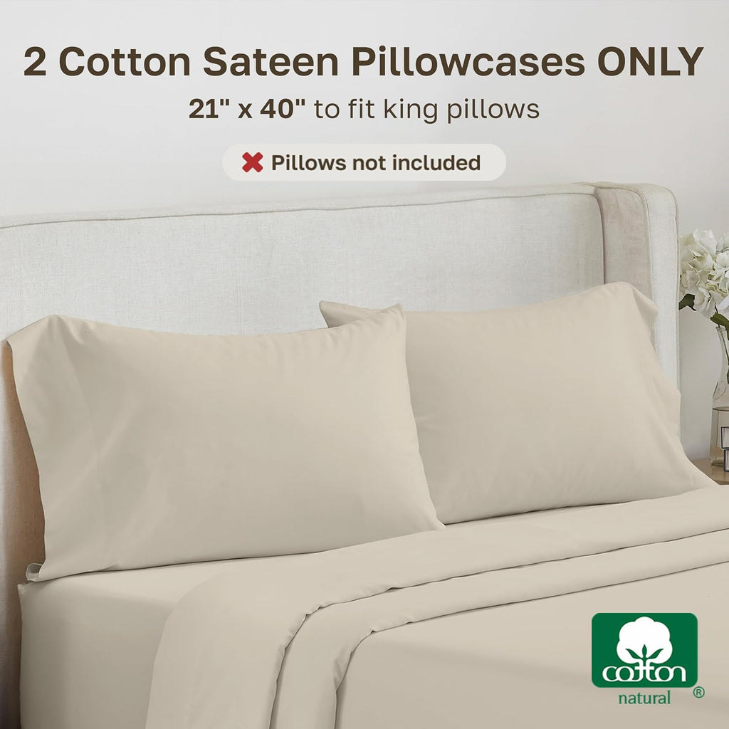 California Design Den King Pillow Cases Set of 2-500 Thread Count Sateen, Natural 100% Cotton King Pillowcases, Soft, Silky and Durable…