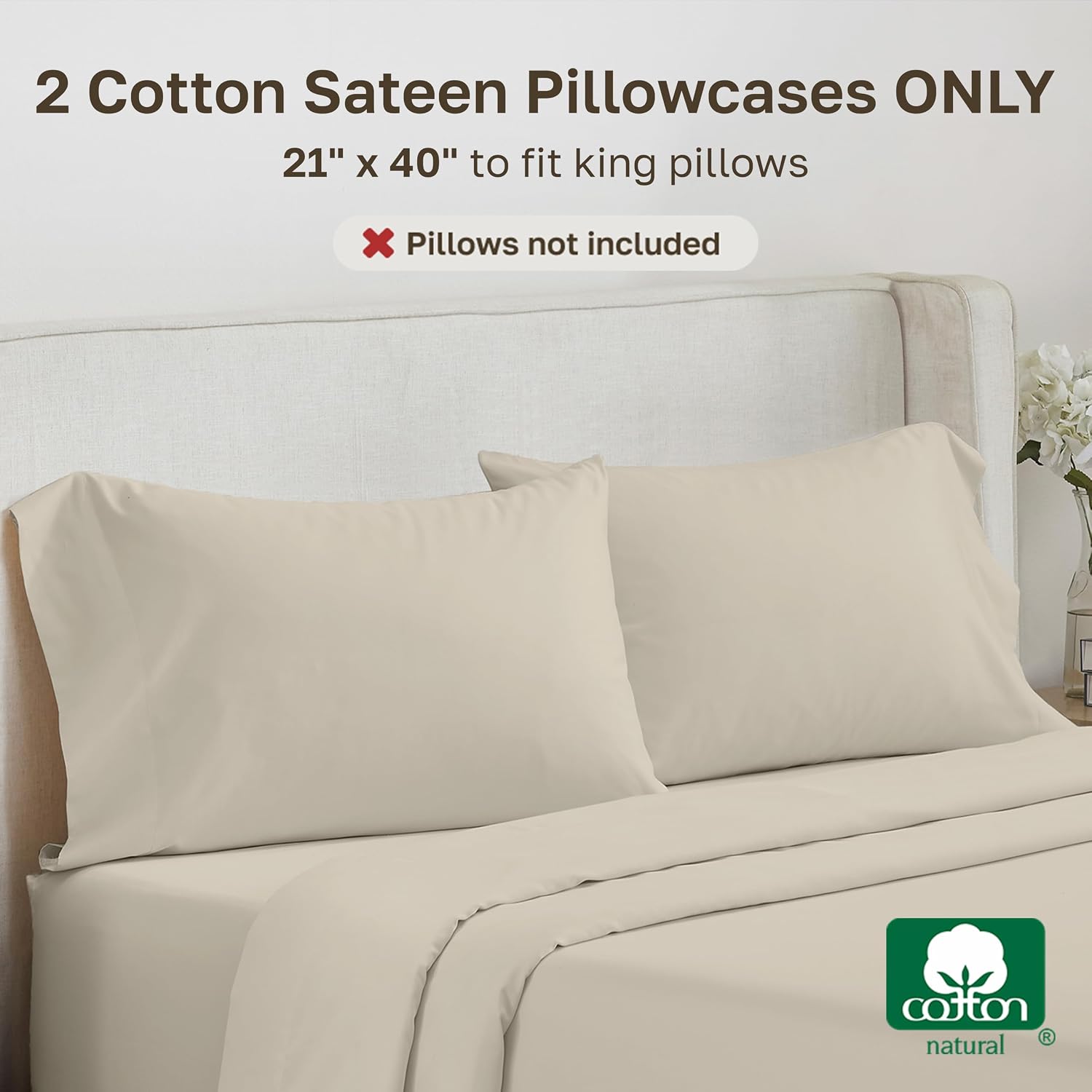 California Design Den King Pillow Cases Set of 2-500 Thread Count Sateen, Natural 100% Cotton King Pillowcases, Soft, Silky and Durable…