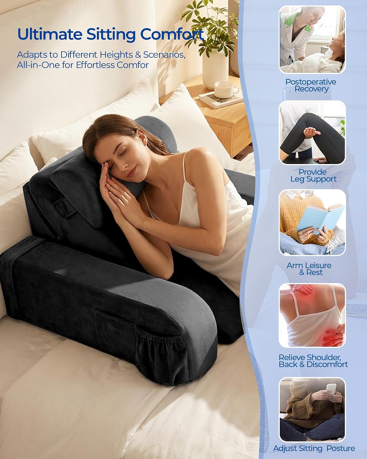 Reading Pillow with 30-90° Stepless Adjustable Angle & Height, 2 in 1 Back Wedge Pillow for Bed Sitting up with Arms Rest, Backrest…