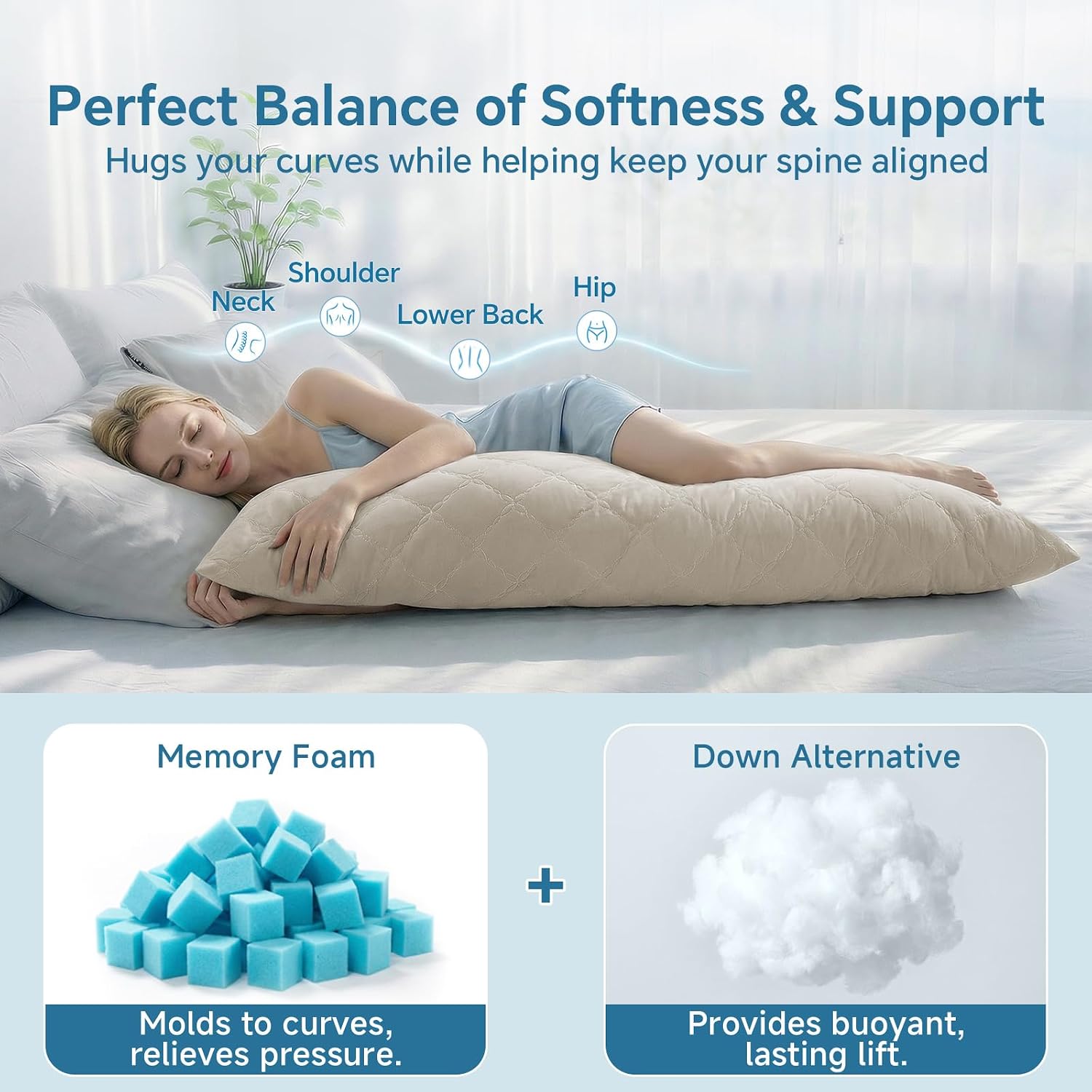 Bedelite Cooling Body Pillow for Adults, Creative Ultra Soft Cool-Touch Quilted Nylon-Spandex Body Pillow Cover, Adjustable Memory Foam Lon…